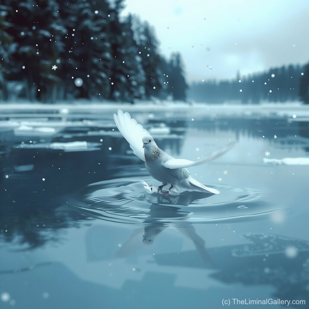 A tranquil winter tableau showing a dove on a frozen lake, surrounded by shimmering frost and quiet reflection.